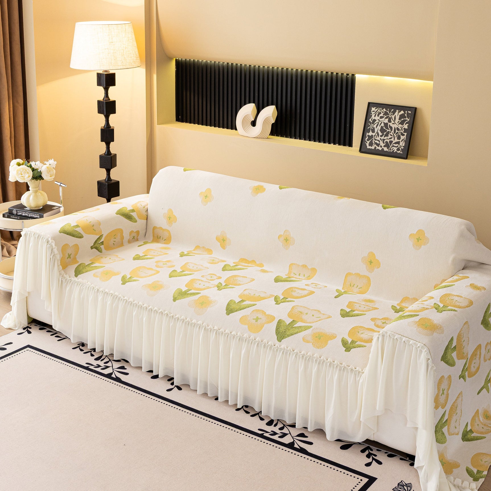 Ruffled Sweet Floral Sofa Cover with Skirt, Soft and Decorative Couch Throw Cover - Ornate Home