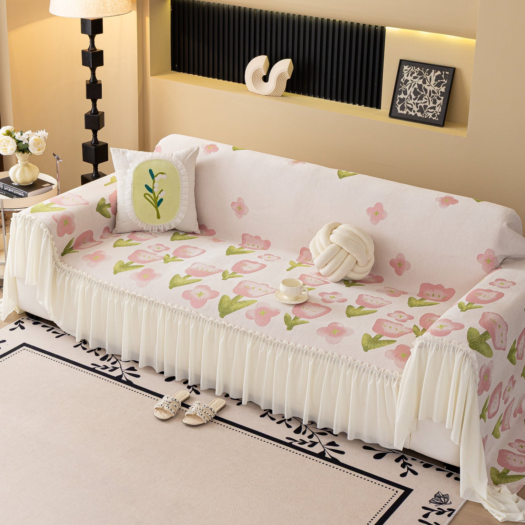 Ruffled Sweet Floral Sofa Cover with Skirt, Soft and Decorative Couch Throw Cover - Ornate Home