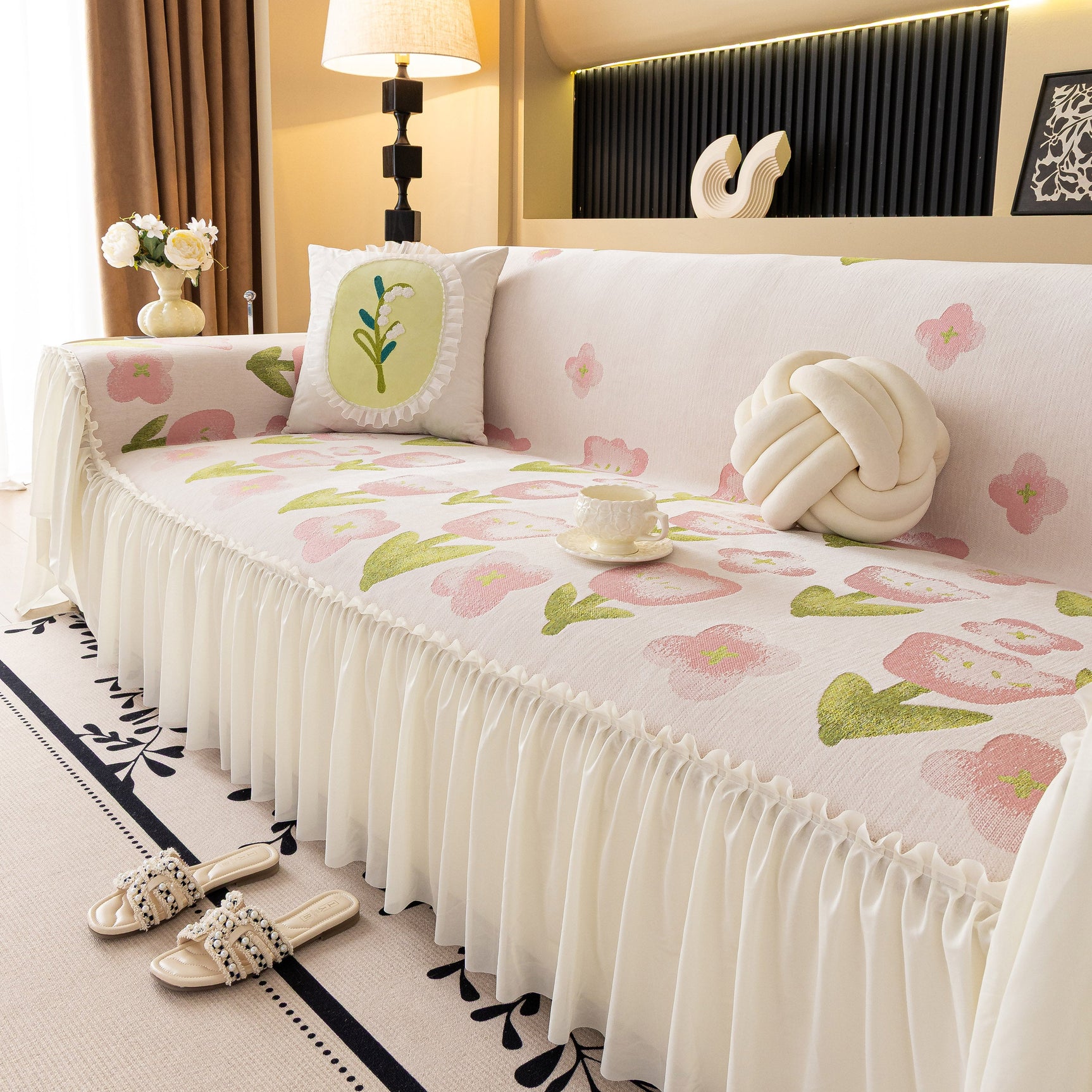 Ruffled Sweet Floral Sofa Cover with Skirt, Soft and Decorative Couch Throw Cover - Ornate Home