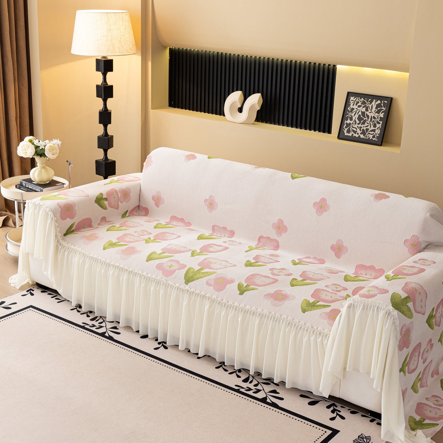 Ruffled Sweet Floral Sofa Cover with Skirt, Soft and Decorative Couch Throw Cover - Ornate Home