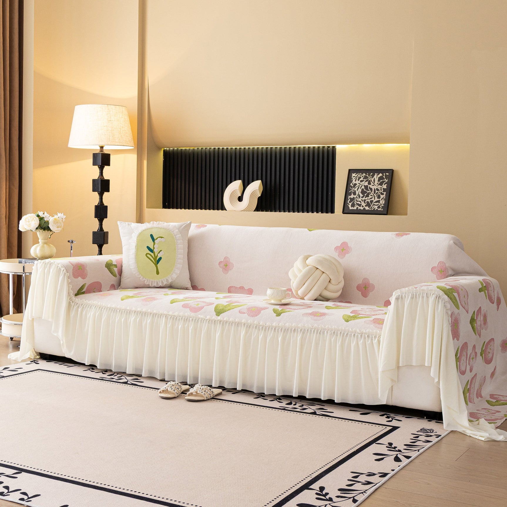 Ruffled Sweet Floral Sofa Cover with Skirt, Soft and Decorative Couch Throw Cover - Ornate Home