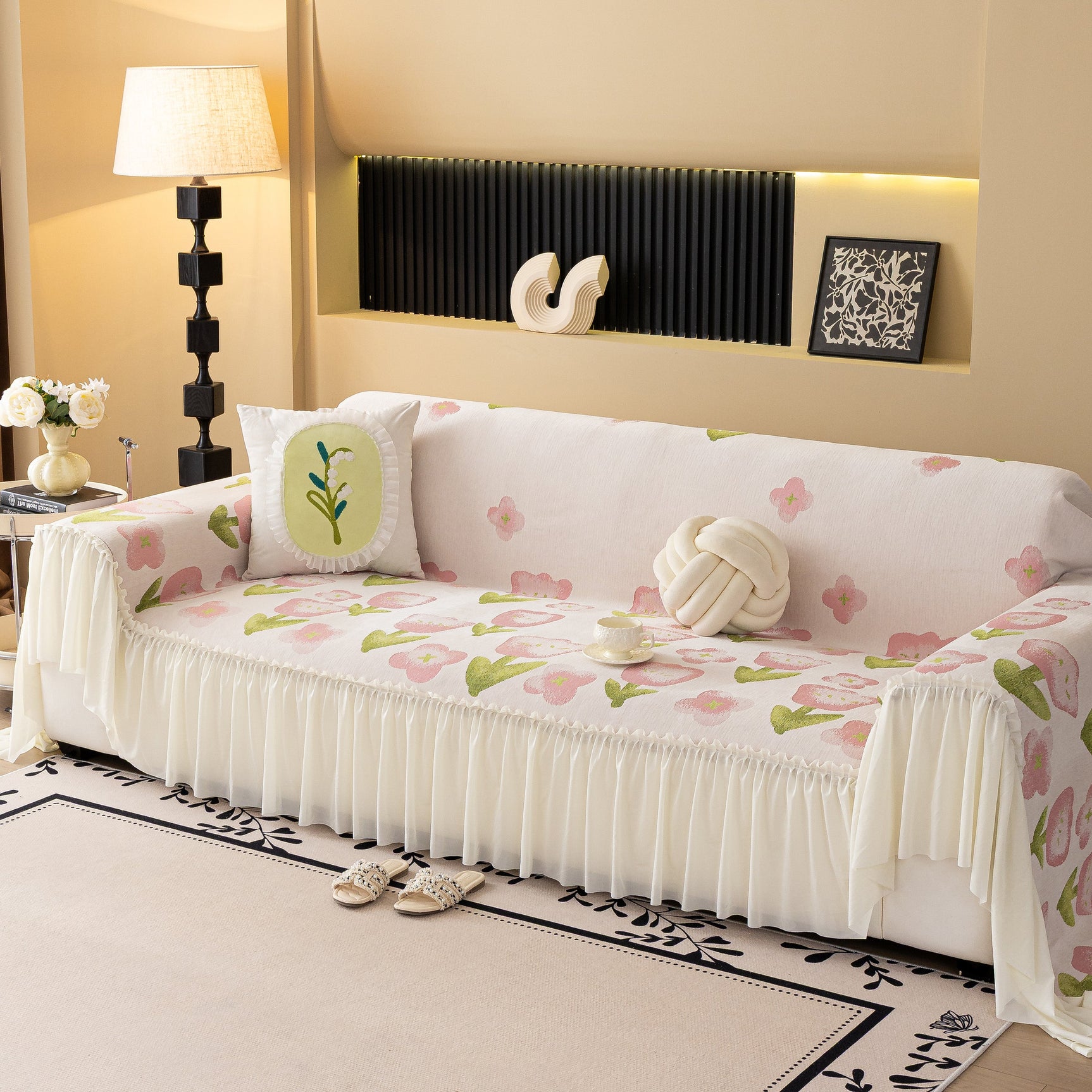 Ruffled Sweet Floral Sofa Cover with Skirt, Soft and Decorative Couch Throw Cover - Ornate Home