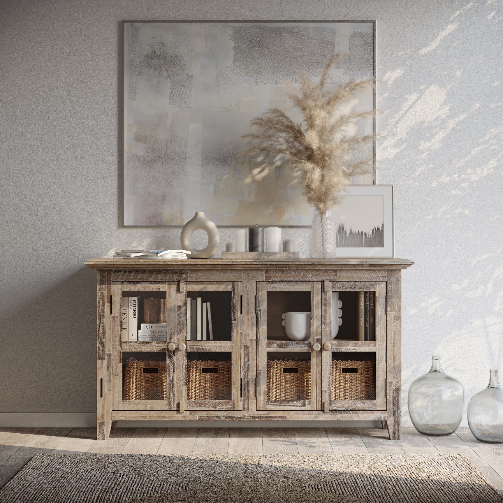Rustic Shores Grey Wash 4 Door Low Cabinet - Ornate Home