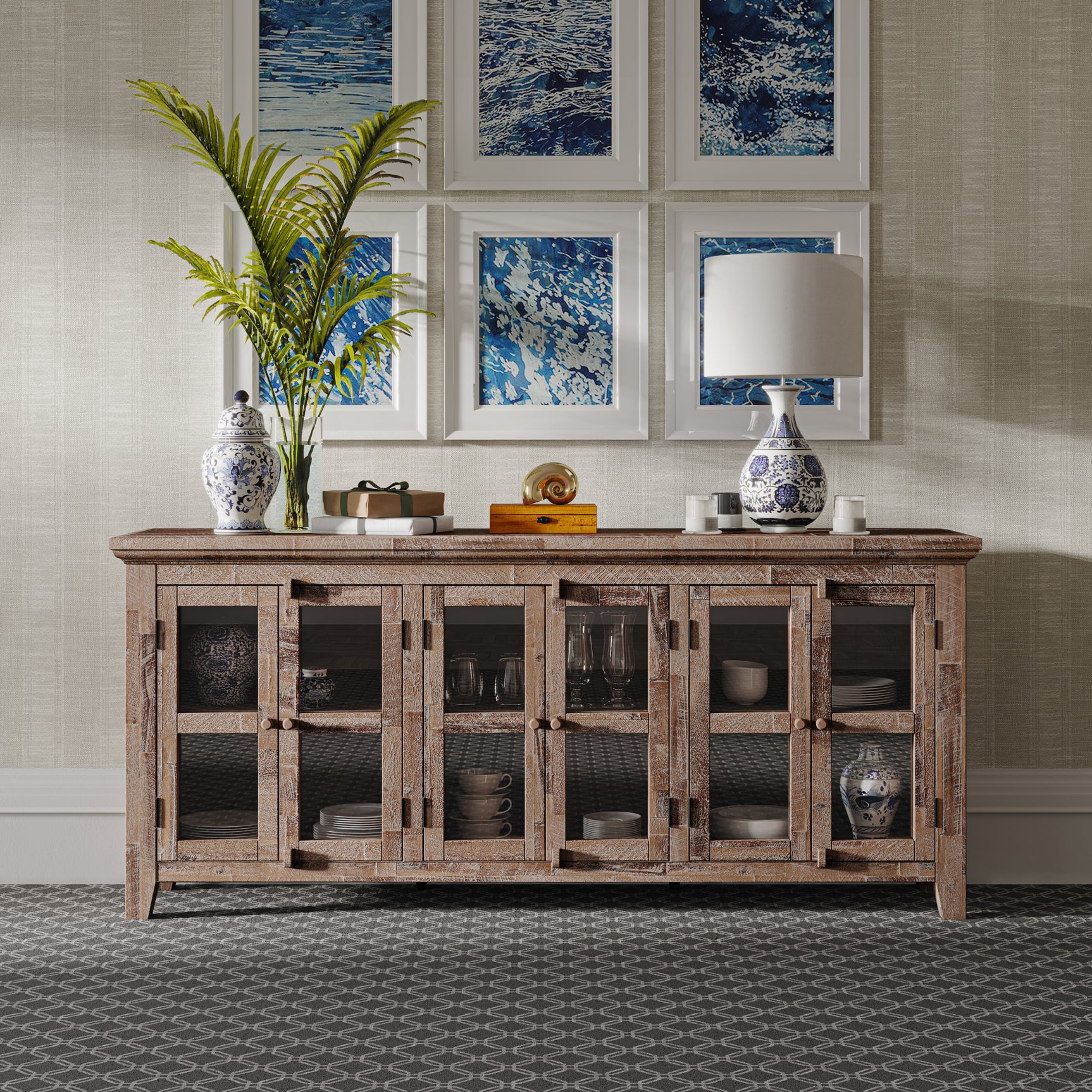 Rustic Shores Grey Wash 6 Door Low Cabinet - Ornate Home
