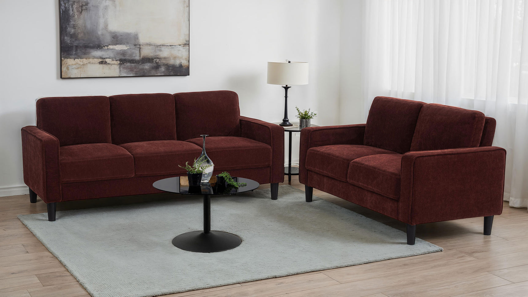 Ruth Rust Red Fabric Upholstered Track Arm Loveseat - Ornate Home