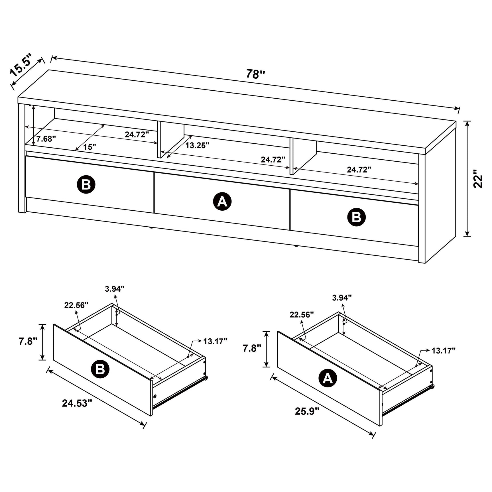 Rutland Black 78-inch 3-drawer TV Stand Media Console - Ornate Home