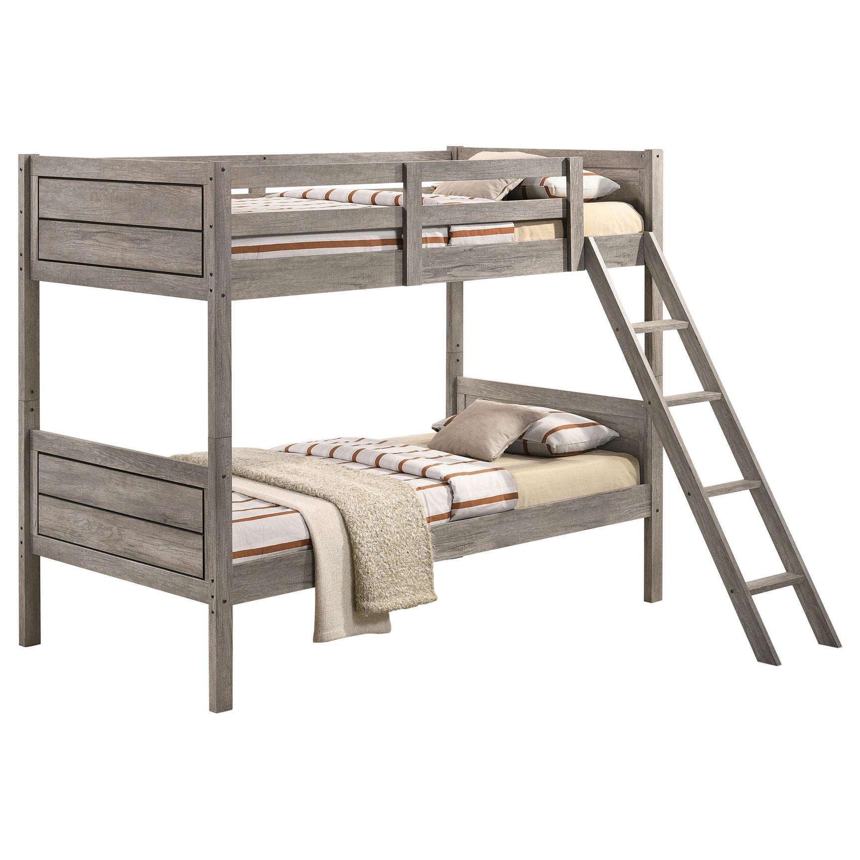 Ryder Weathered Taupe Wood Twin Over Twin Bunk Bed with Mattress - Ornate Home