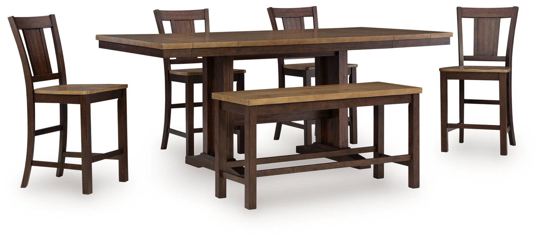 Rylandeen Light Brown/Dark Brown Counter Height Extension Dining Table 4 Barstools and Bench - Ornate Home