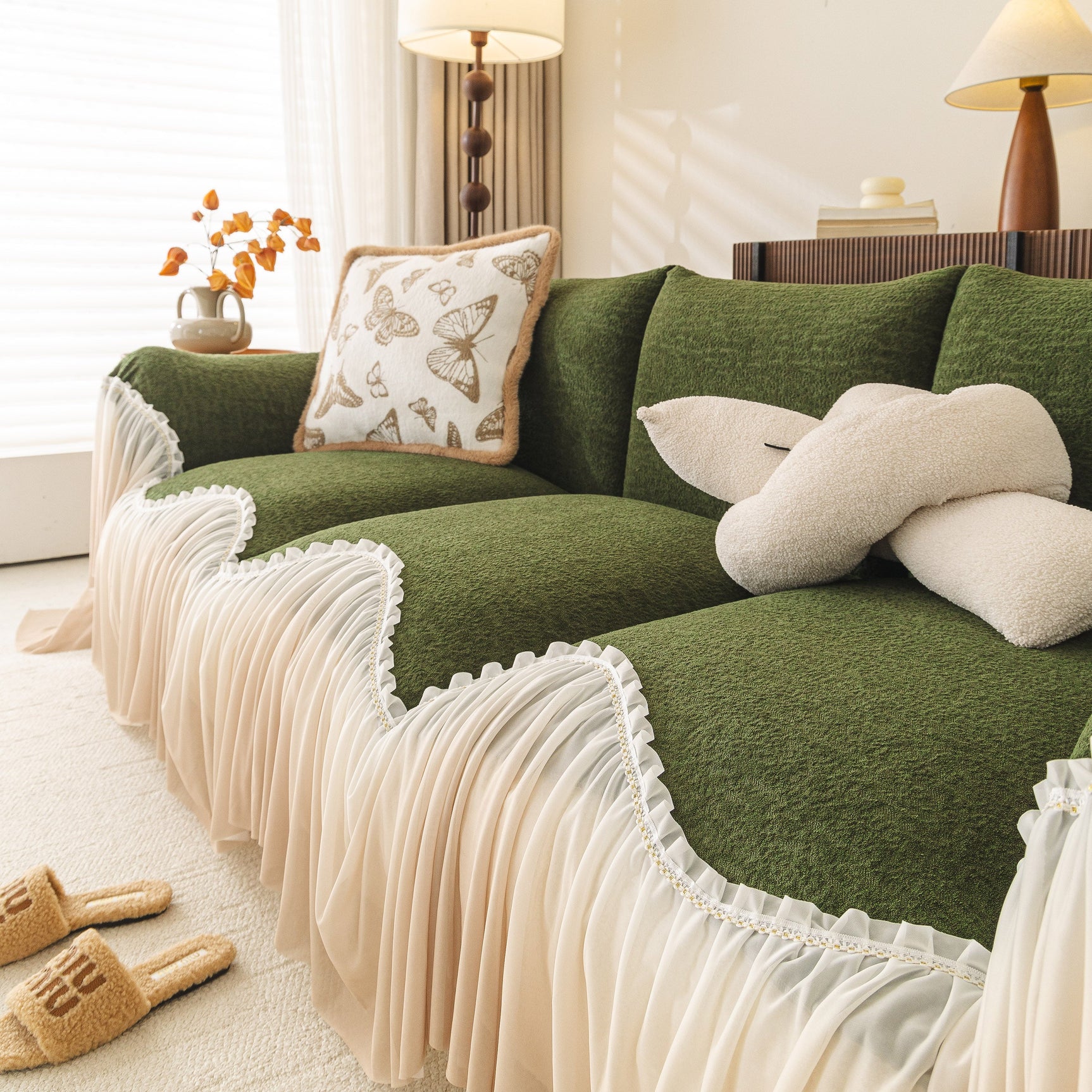 Luxury Sofa Throw Cover with Elegant Ruffled Skirt, Soft Decorative Couch Protector