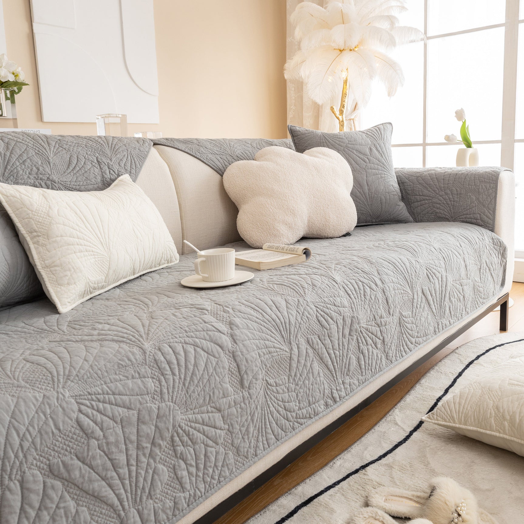 Embossed Leaf Cotton Quilted Sofa Cover Non-Slip Couch Protector with Thick Padding