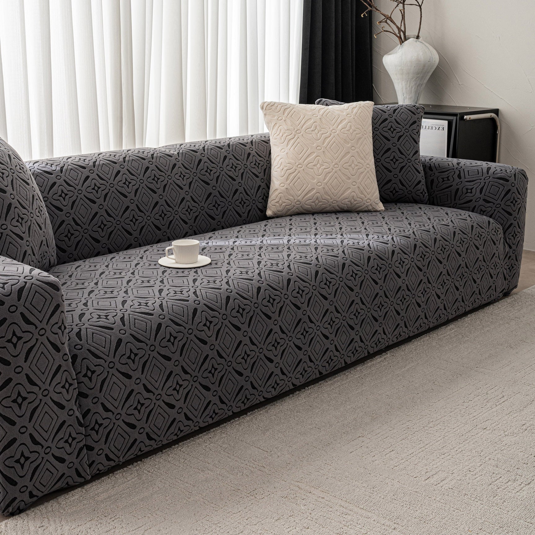 3D Jacquard Geometric Sofa Cover, High Stretch Soft Polar Fleece Slipcover for Couch