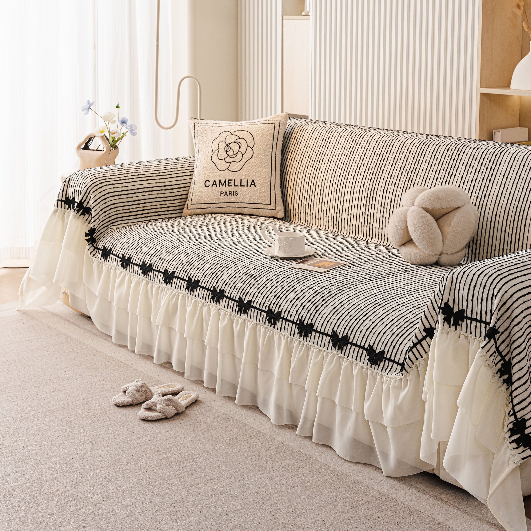 Ruffled Sofa Cover with Bowknot Decor, French Country Style Skirted Couch Slipcover