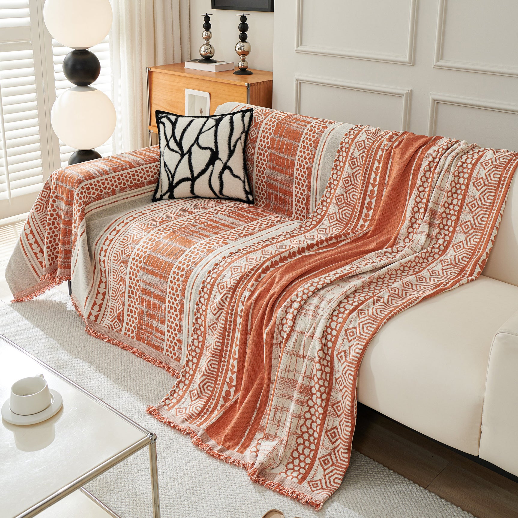 Chenille Sofa Cover Throw Blanket, Boho Geometric Scratch Proof Couch Protector