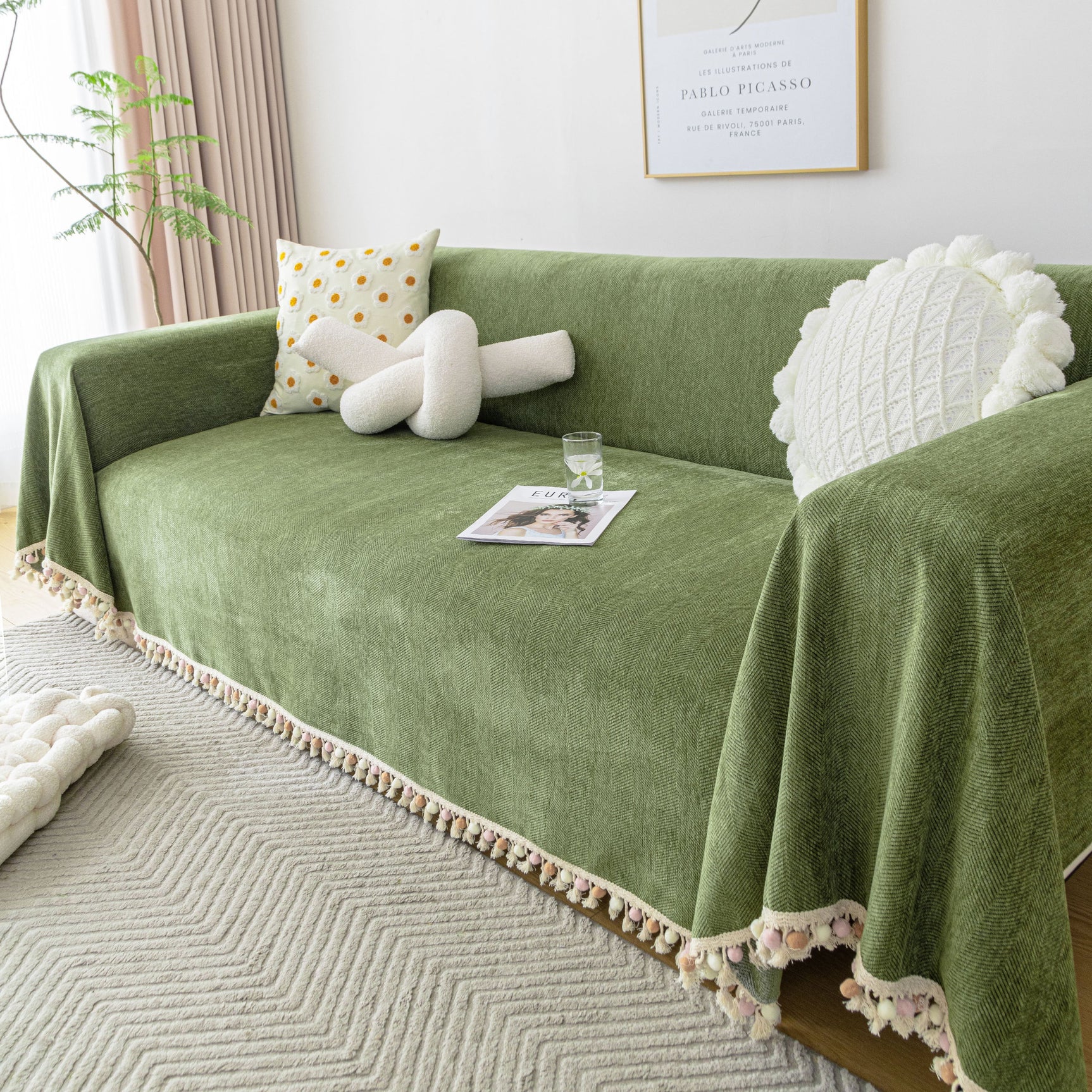 Boho Herringbone Sofa Throw Blanket with Pom Pom Tassels Stylish Furniture Slipcover