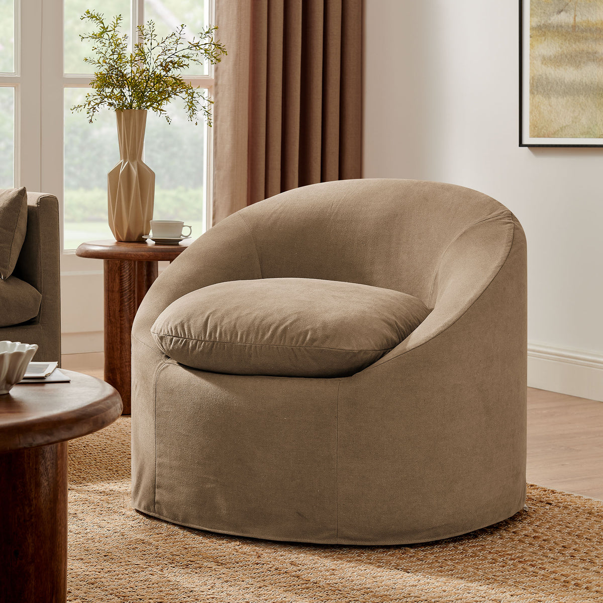 Sadie Almond Slipcovered Linen-Blend Round Accent Chair - Ornate Home