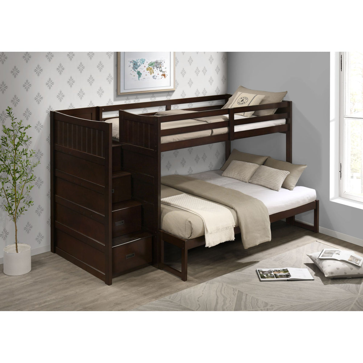 Sami Espresso Twin Over Full Step Bunk Bed with Left HB - Ornate Home