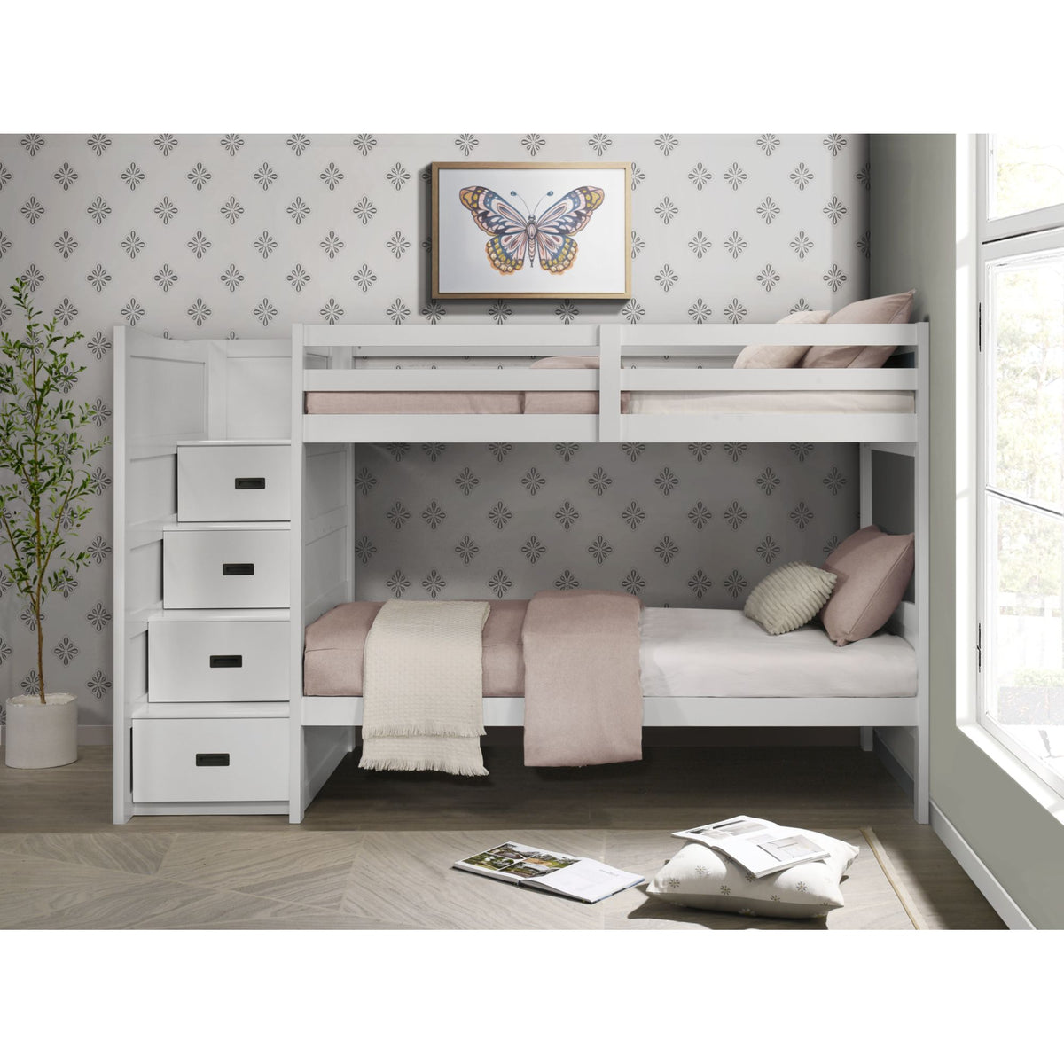 Sami White Over Twin Step Bunk Bed with Left HB - Ornate Home