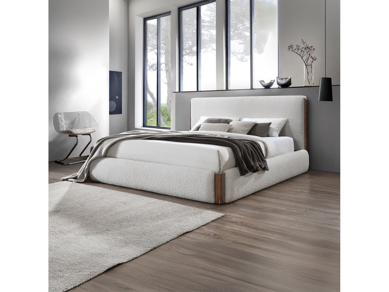 Sandro White Boucle / Walnut Finish Queen Bed - Ornate Home