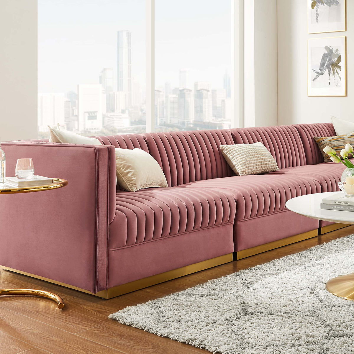 Sanguine Dusty Rose Channel Tufted Performance Velvet 4-Seat Modular Sectional Sofa - Ornate Home
