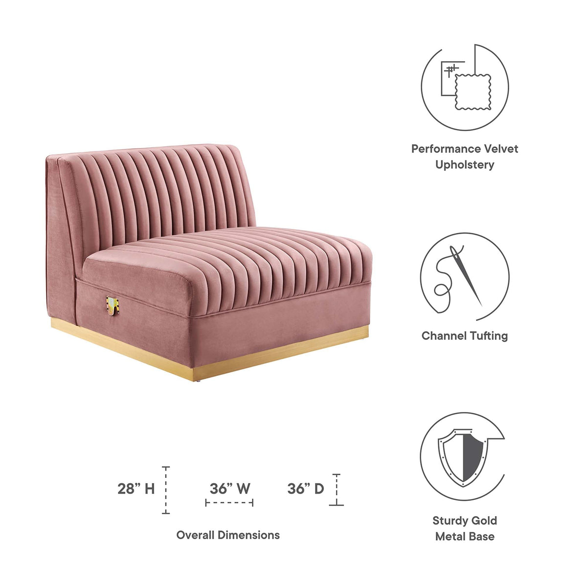 Sanguine Dusty Rose Channel Tufted Performance Velvet Modular Sectional Sofa Armless Chair - Ornate Home