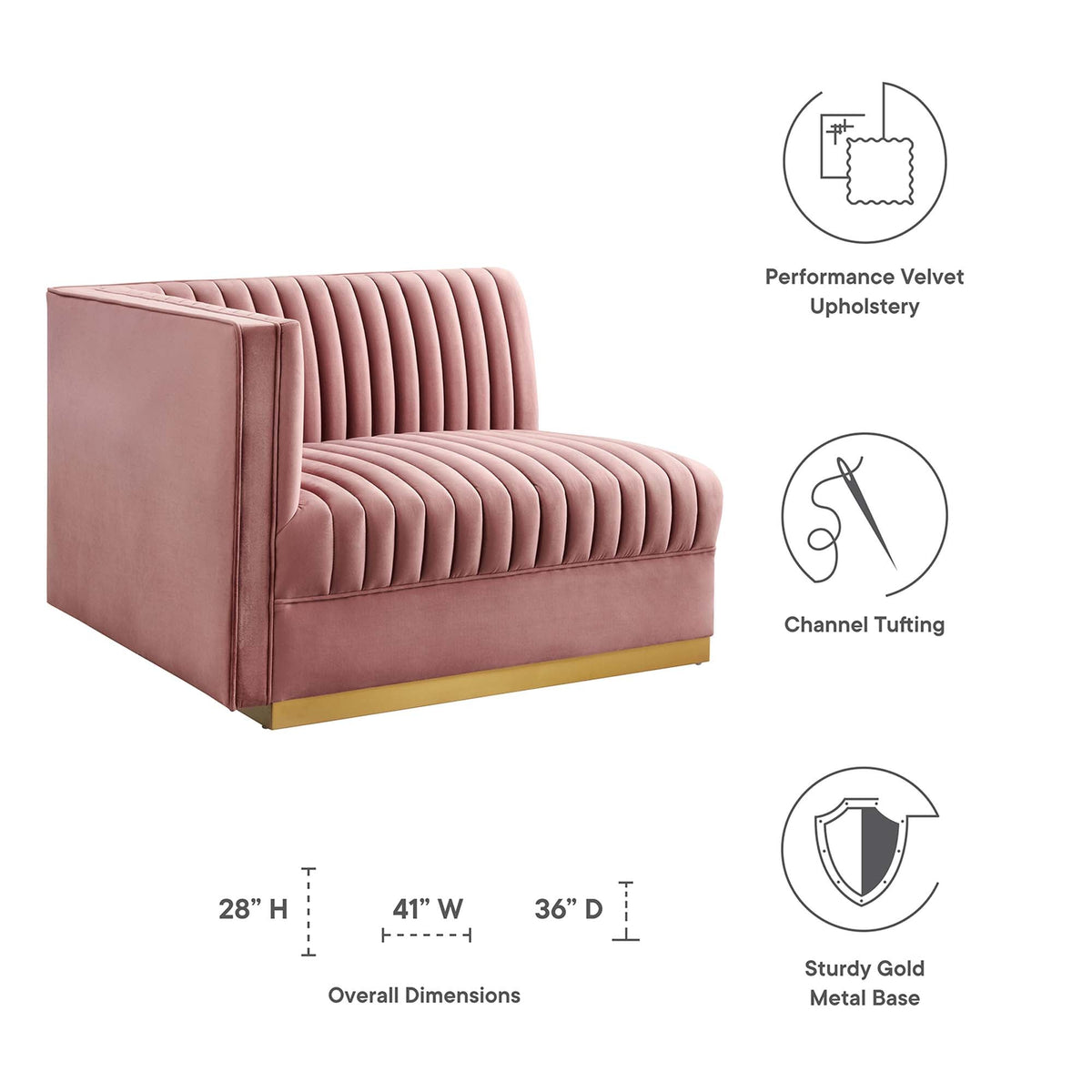 Sanguine Dusty Rose Channel Tufted Performance Velvet Modular Sectional Sofa Left-Arm Chair - Ornate Home