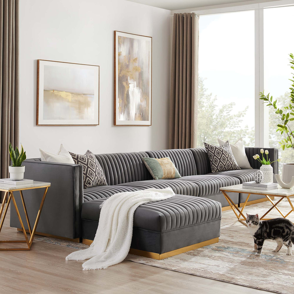 Sanguine Gray 5-Piece Channel Tufted Performance Velvet Modular Sectional Sofa - Ornate Home