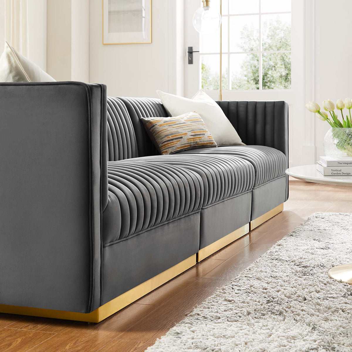 Sanguine Gray Channel Tufted Performance Velvet 3-Seat Modular Sectional Sofa - Ornate Home