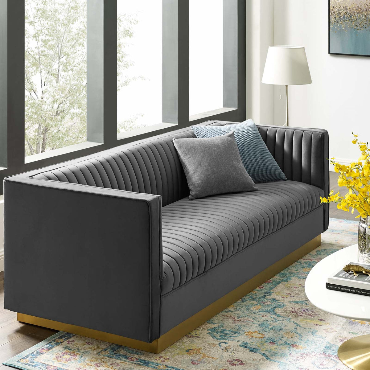 Sanguine Gray Vertical Channel Tufted Performance Velvet Sofa - Ornate Home