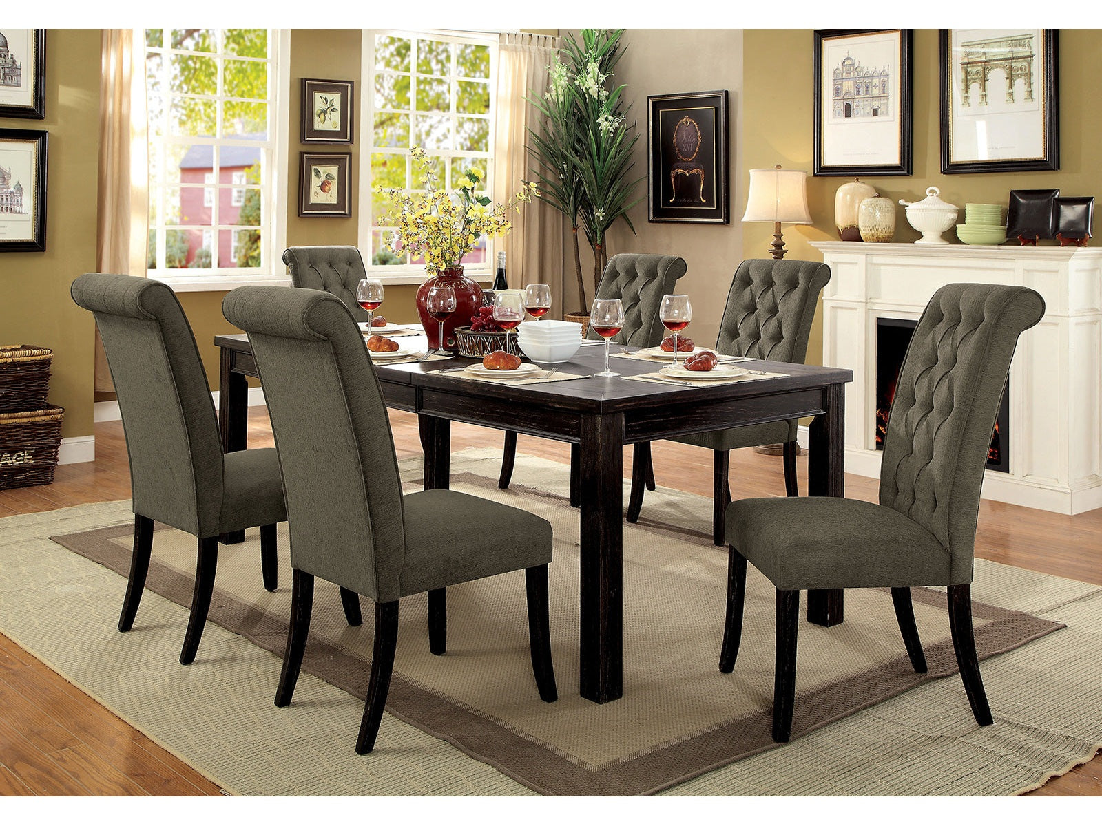 Sania Antique Black/Gray 7 Pc. Dining Room Set - Ornate Home