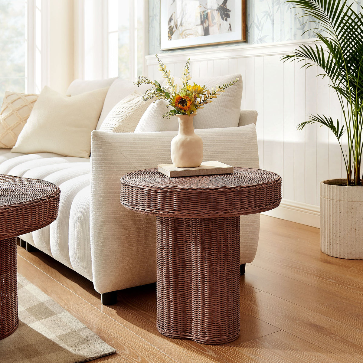 Sarova Mocha 20 Inch Natural Rattan Pedestal Side Table