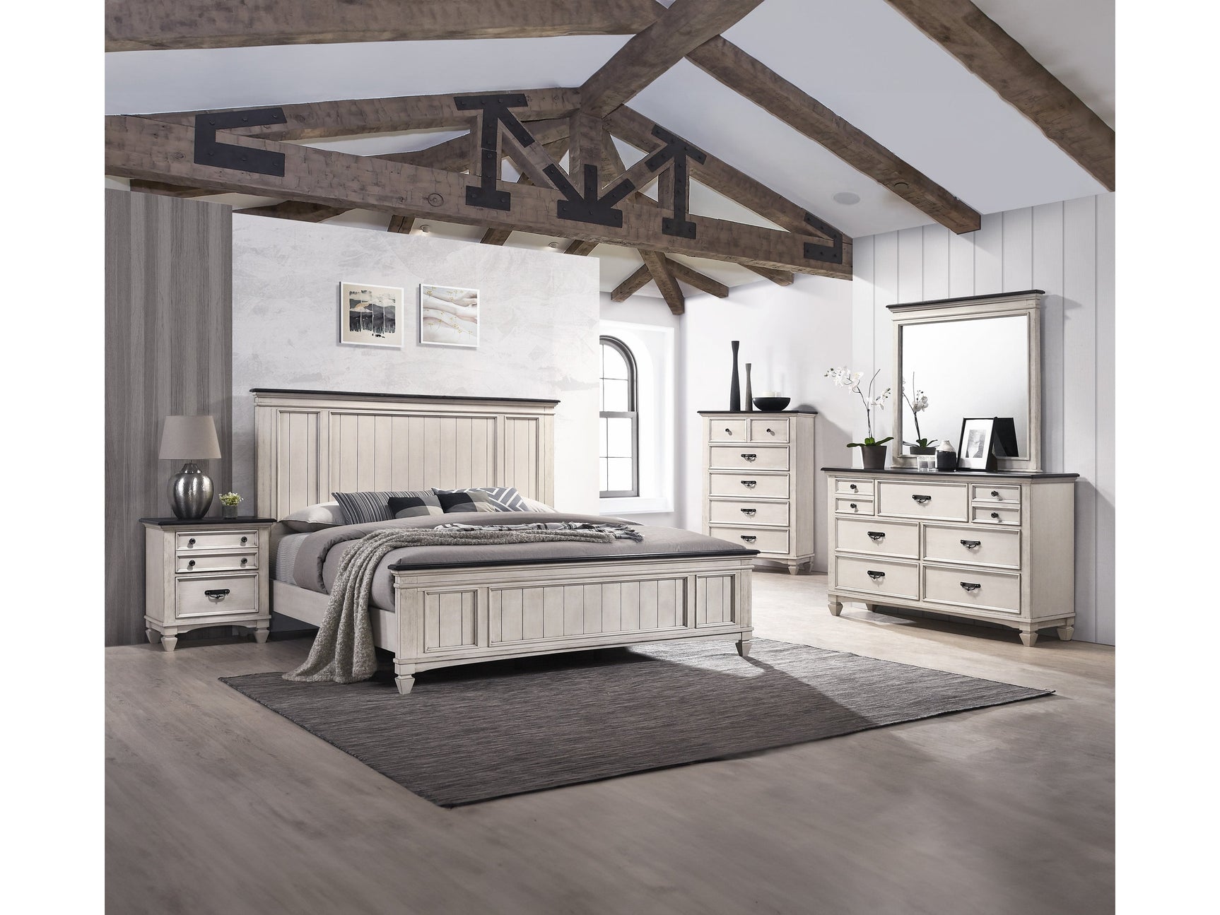 Sawyer Antique White/Brown Panel Bedroom Set - Ornate Home