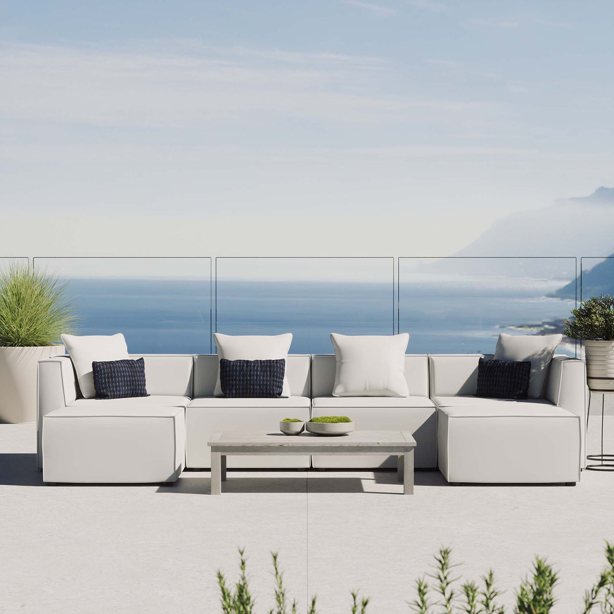 Saybrook White 6-Piece Outdoor Patio Upholstered Sectional Sofa - 64x138" - Ornate Home