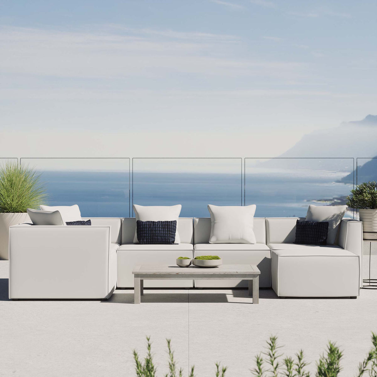 Saybrook White 6-Piece Outdoor Patio Upholstered Sectional Sofa - 69x138" - Ornate Home