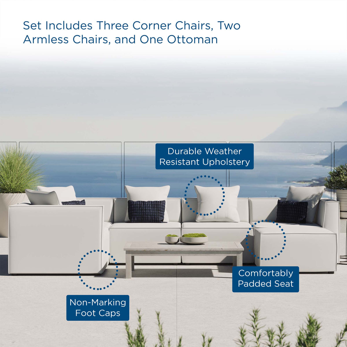 Saybrook White 6-Piece Outdoor Patio Upholstered Sectional Sofa - 69x138" - Ornate Home