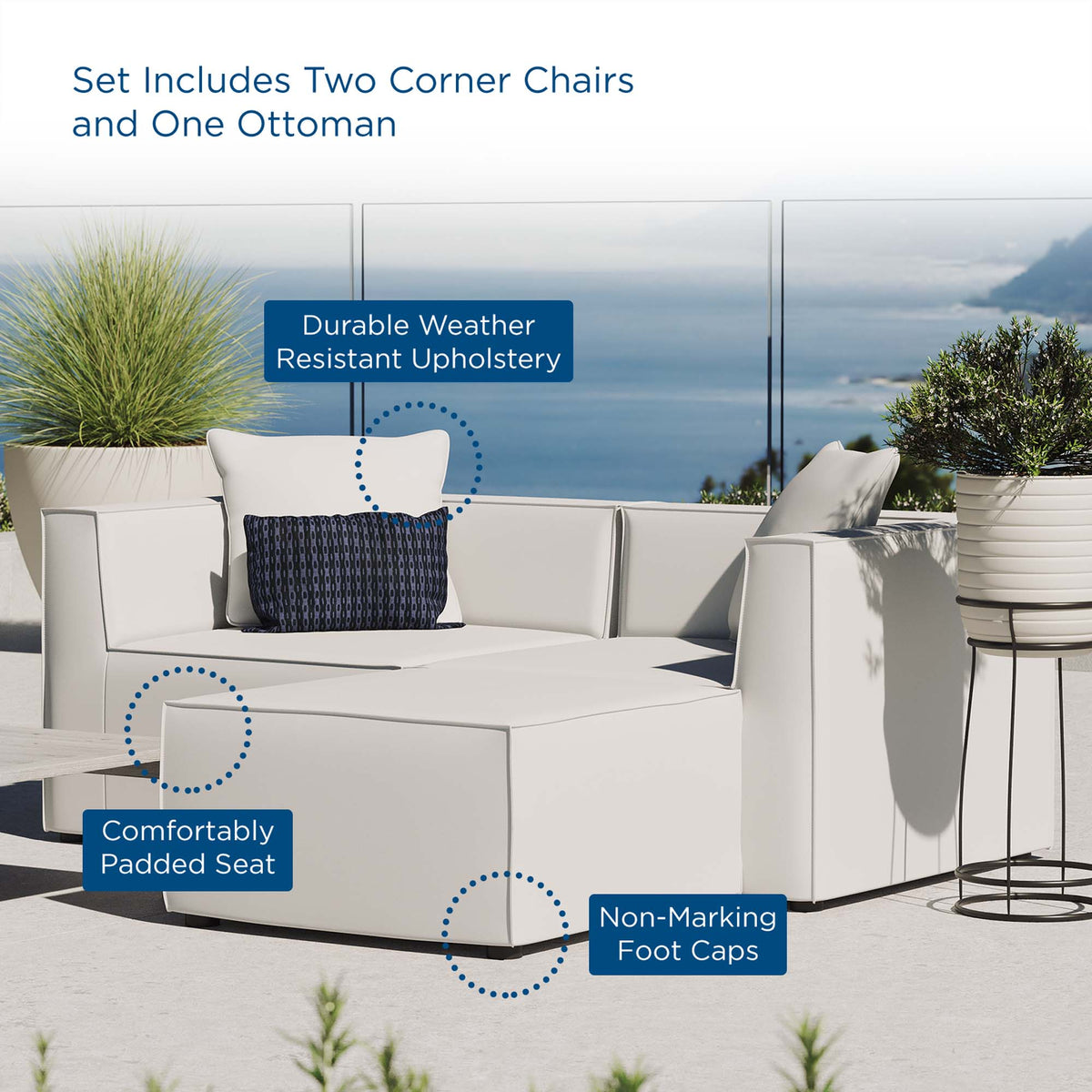 Saybrook White Outdoor Patio Upholstered Loveseat and Ottoman Set - Ornate Home