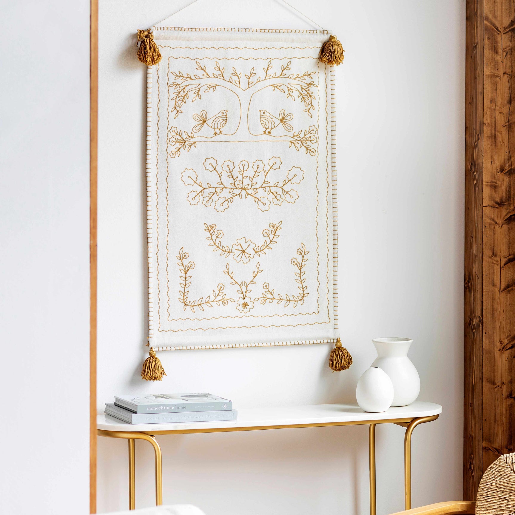 Schaffer Golden Embroidered Floral Wall Hanging - Ornate Home