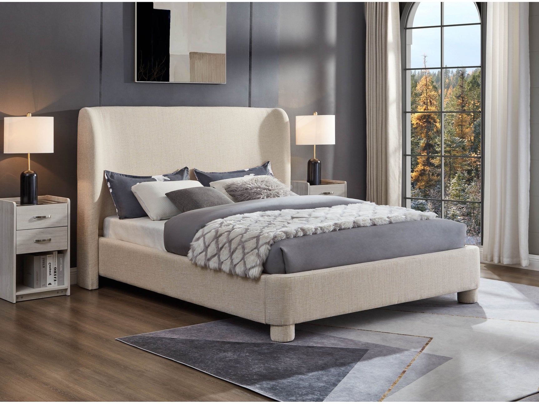 Seabreeze Beige Textured Fabric Upholstered King Bed - Ornate Home