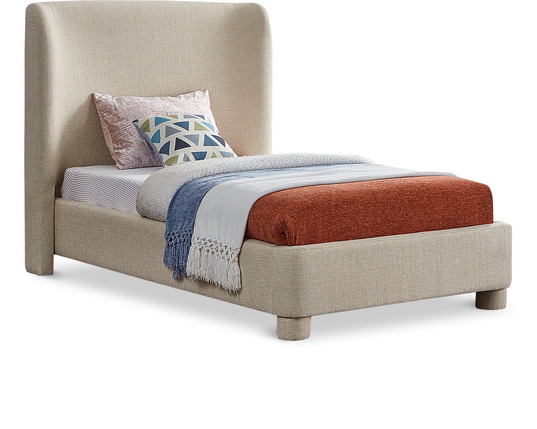 Seabreeze Beige Textured Fabric Upholstered Twin Bed - Ornate Home