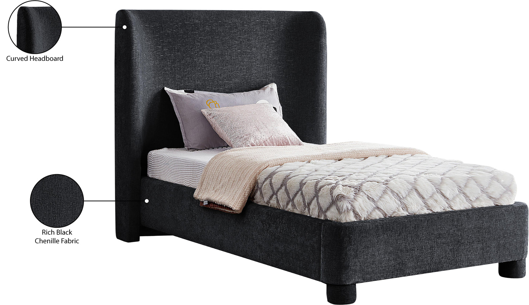 Seabreeze Black Chenille Fabric Upholstered Twin Bed - Ornate Home
