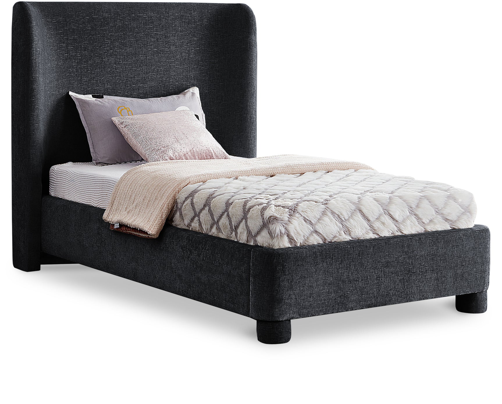 Seabreeze Black Chenille Fabric Upholstered Twin Bed - Ornate Home