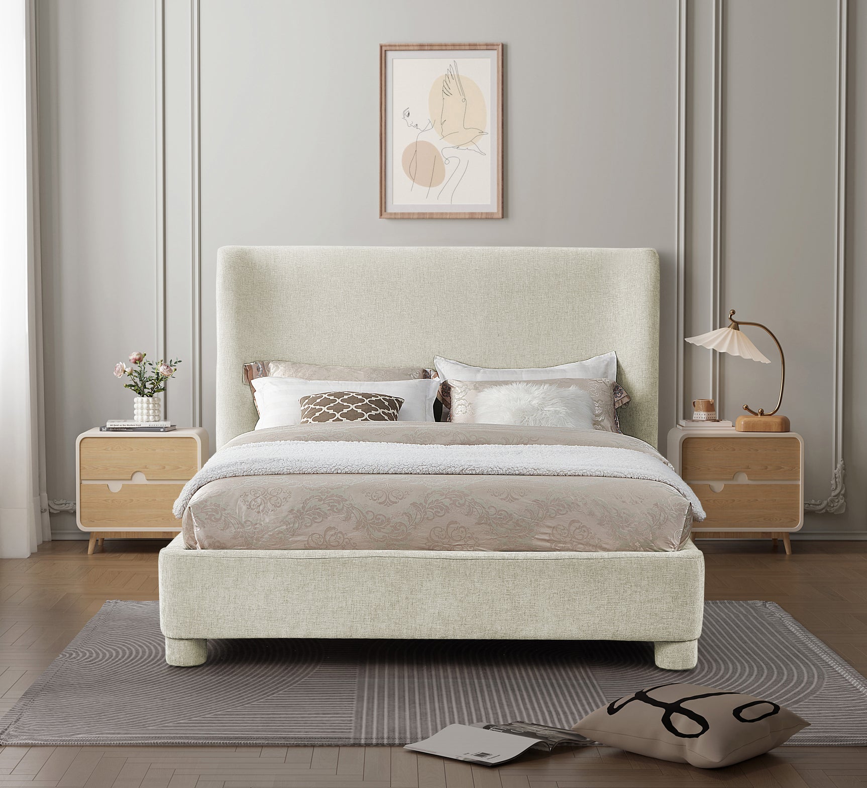 Seabreeze Cream Chenille Fabric Upholstered Full Bed - Ornate Home
