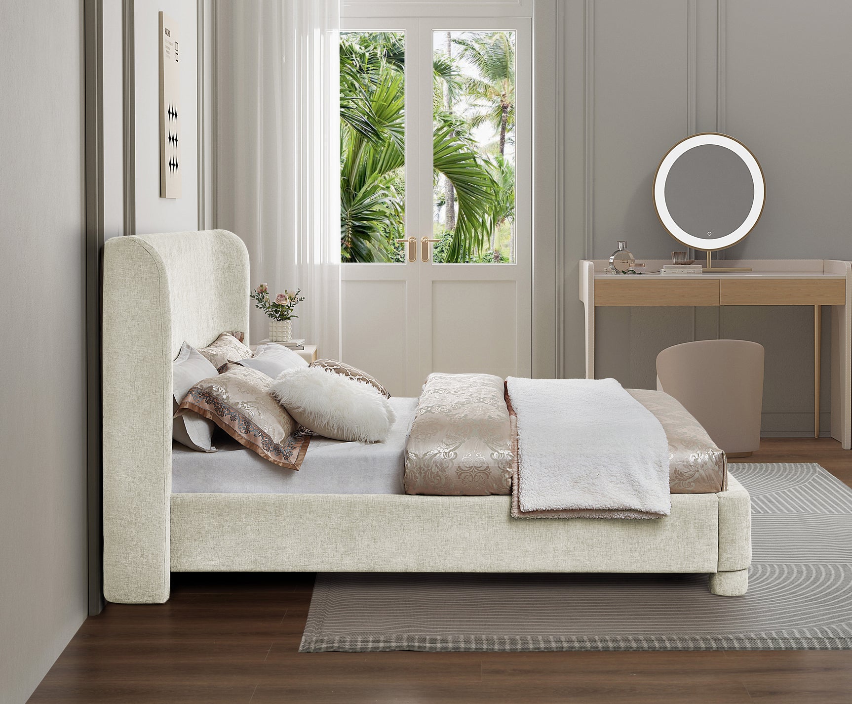 Seabreeze Cream Chenille Fabric Upholstered King Bed - Ornate Home