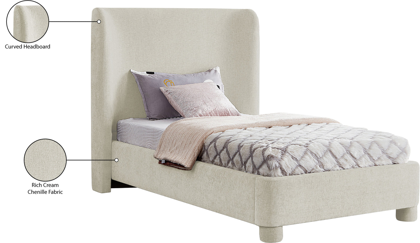 Seabreeze Cream Chenille Fabric Upholstered Twin Bed - Ornate Home