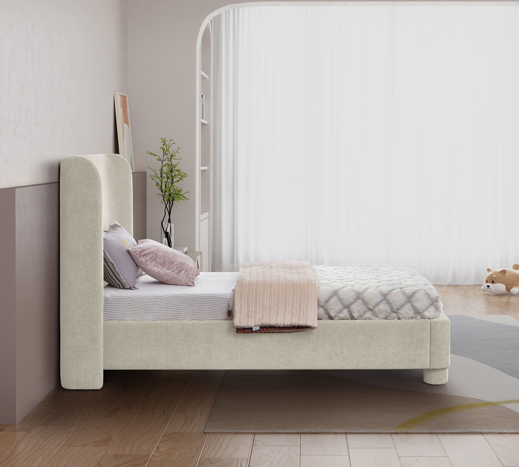 Seabreeze Cream Chenille Fabric Upholstered Twin Bed - Ornate Home