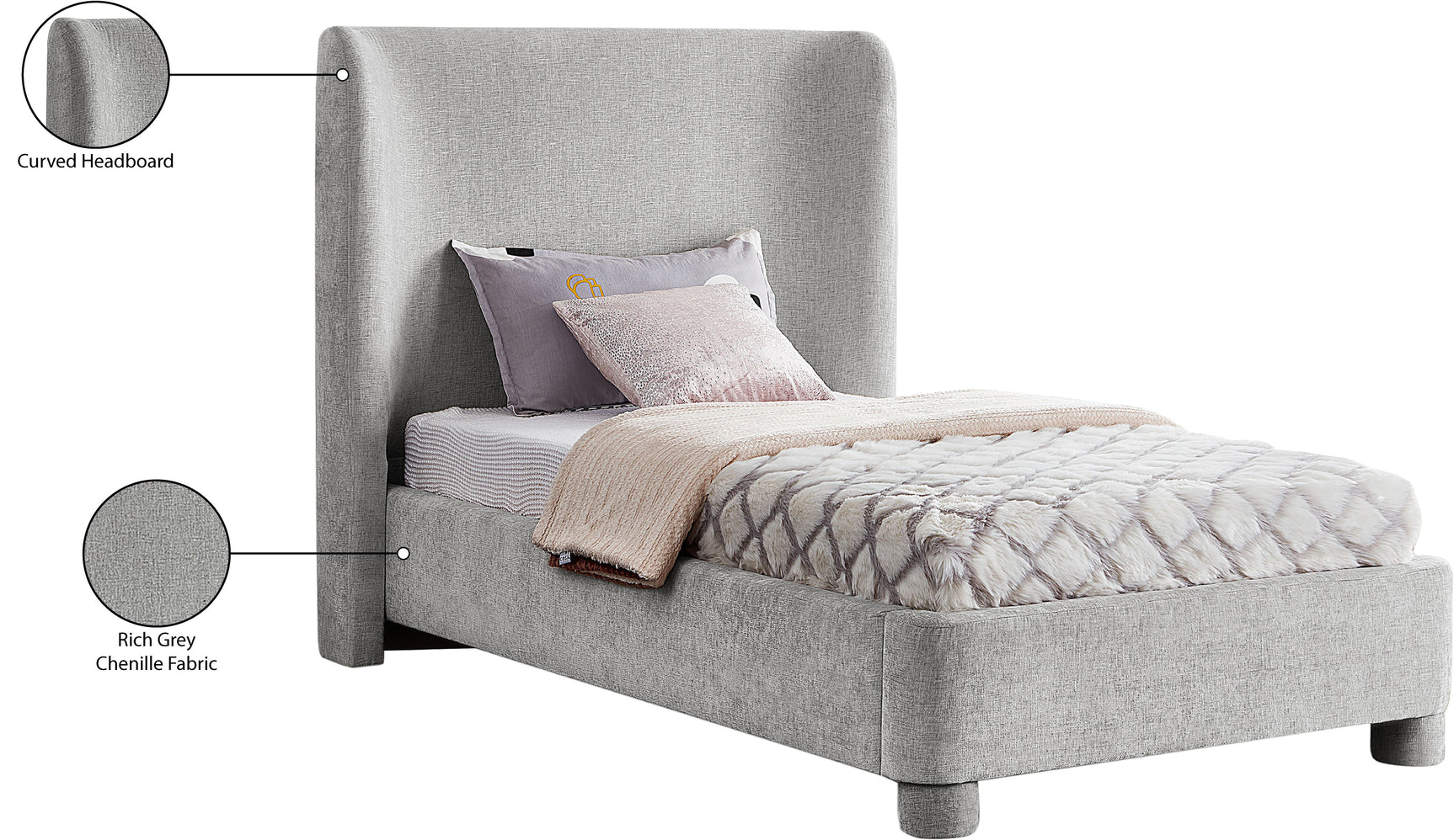 Seabreeze Grey Chenille Fabric Upholstered Twin Bed - Ornate Home