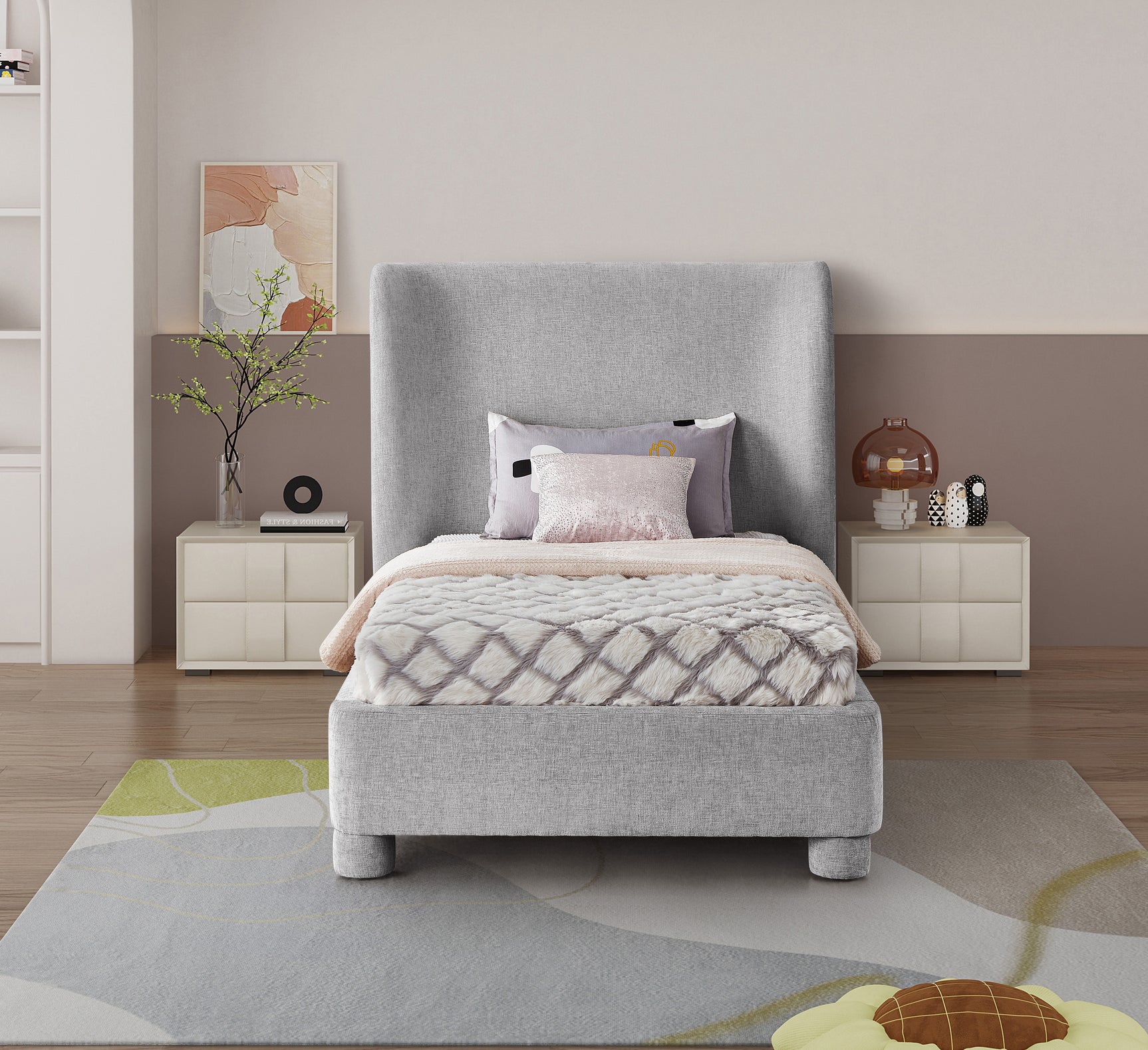 Seabreeze Grey Chenille Fabric Upholstered Twin Bed - Ornate Home