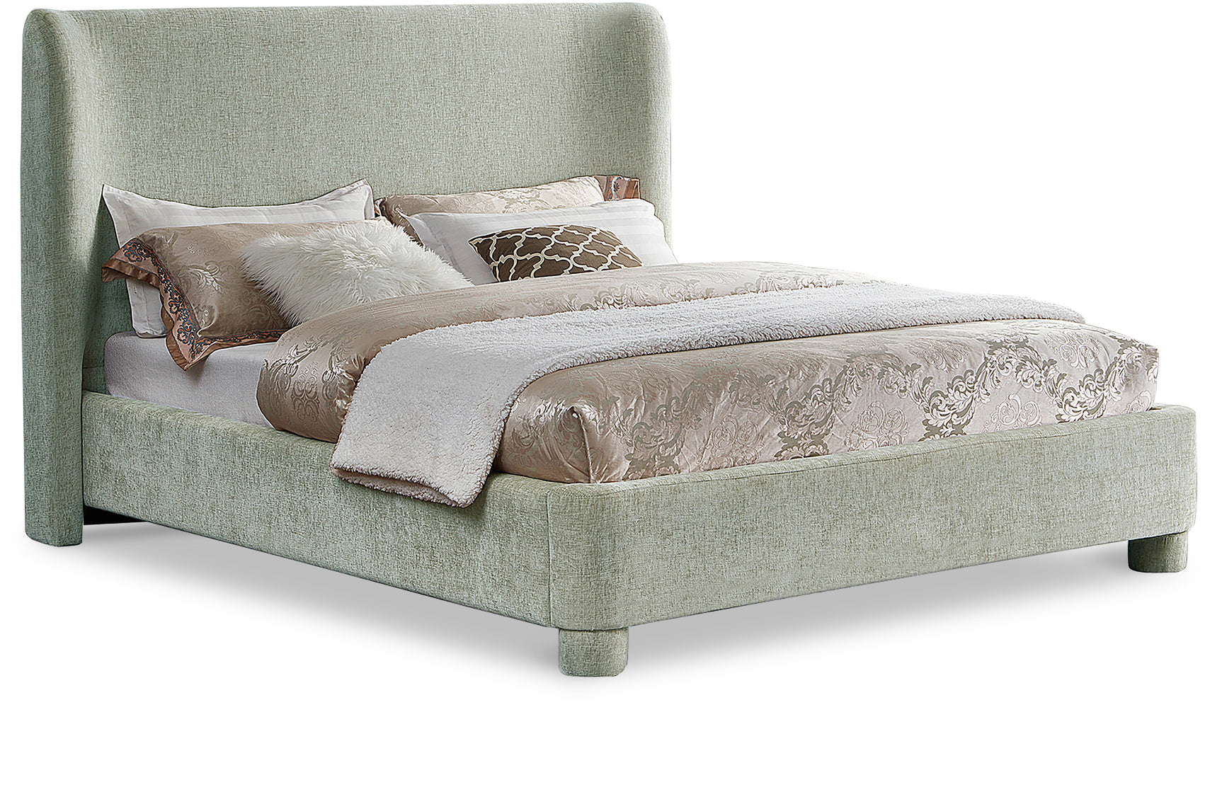 Seabreeze Mint Green Mint Chenille Fabric Upholstered King Bed - Ornate Home