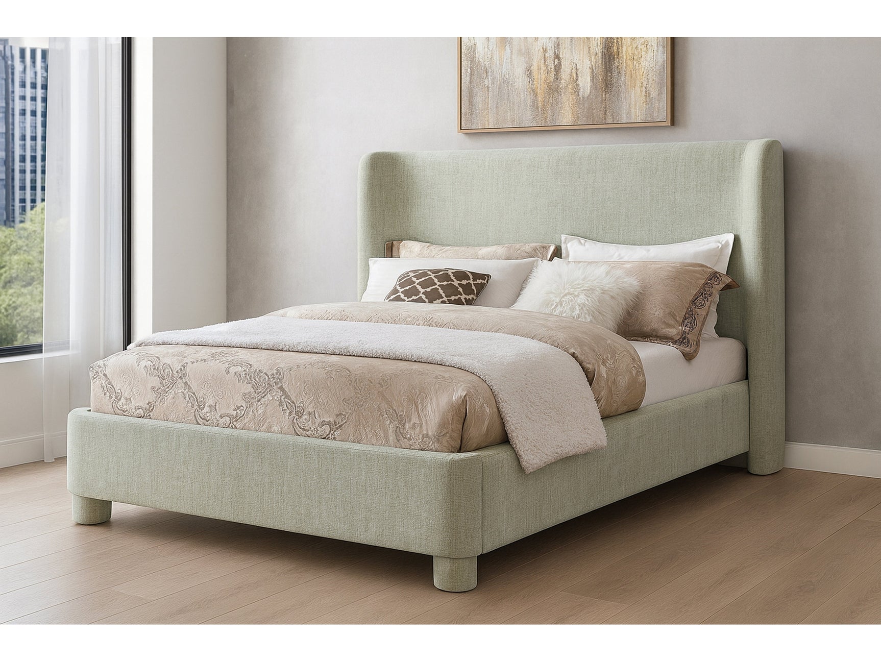 Seabreeze Mint Green Mint Chenille Fabric Upholstered King Bed - Ornate Home