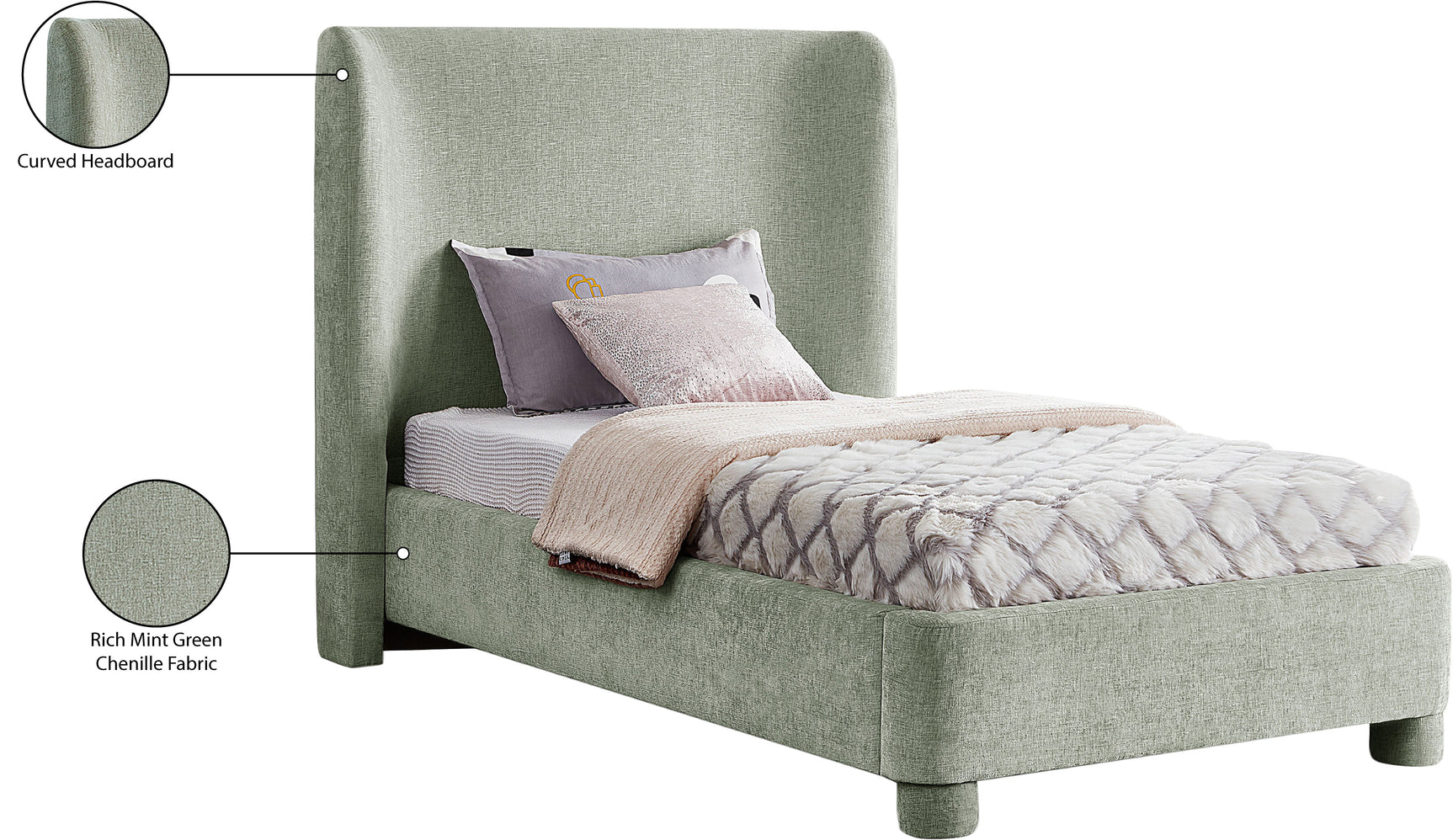 Seabreeze Mint Green Mint Chenille Fabric Upholstered Twin Bed - Ornate Home