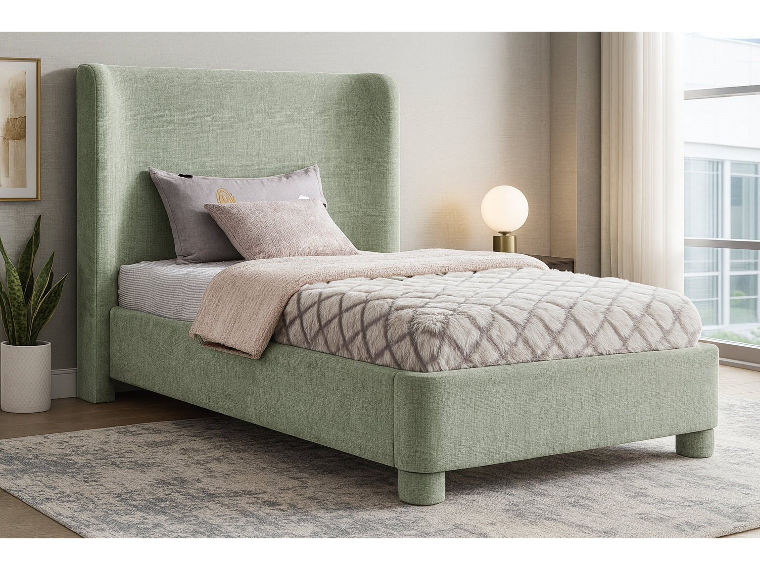 Seabreeze Mint Green Mint Chenille Fabric Upholstered Twin Bed - Ornate Home